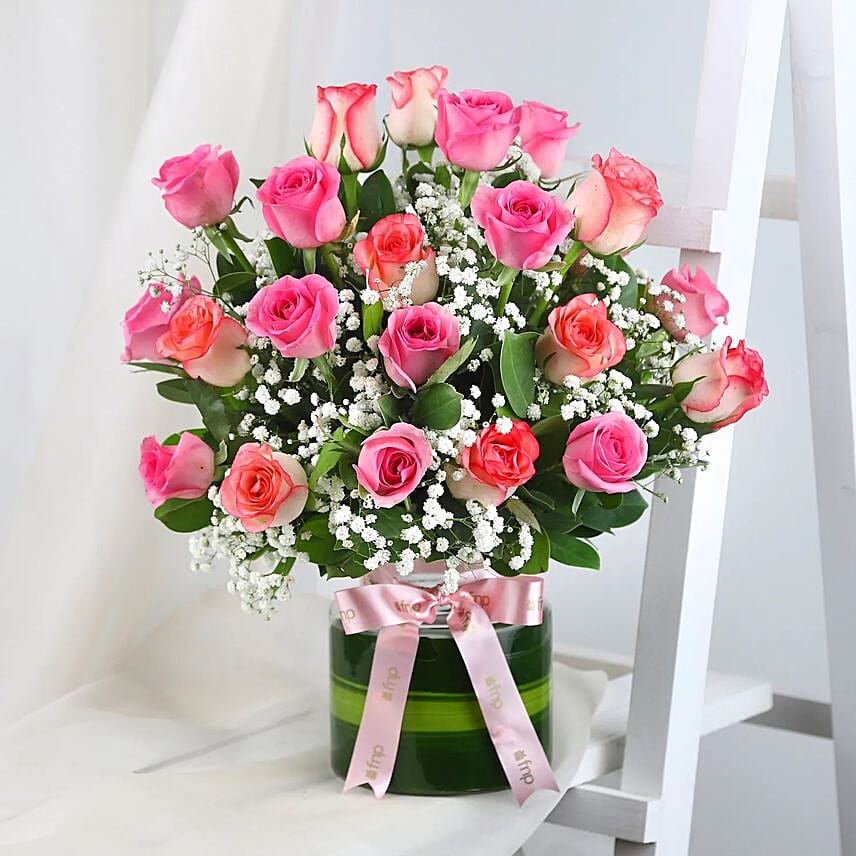 Beautiful Pink Roses Glass Vase Arrangement