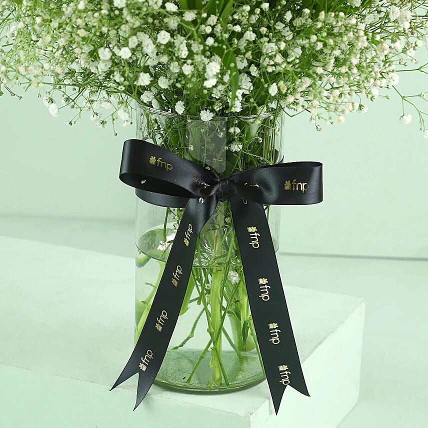 Blooming Asiatic Lilies In Black Ribbon Tied Vase