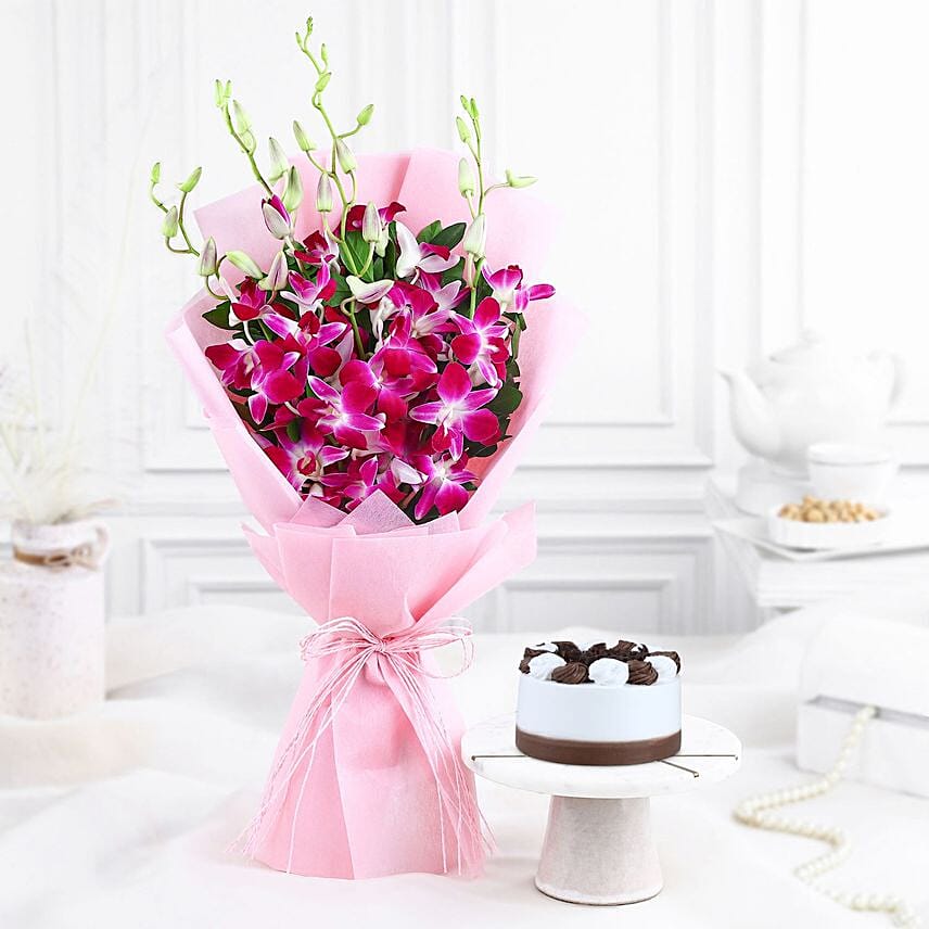 Dreamy Violet Whispers Orchids Bouquet N Black Forest Combo