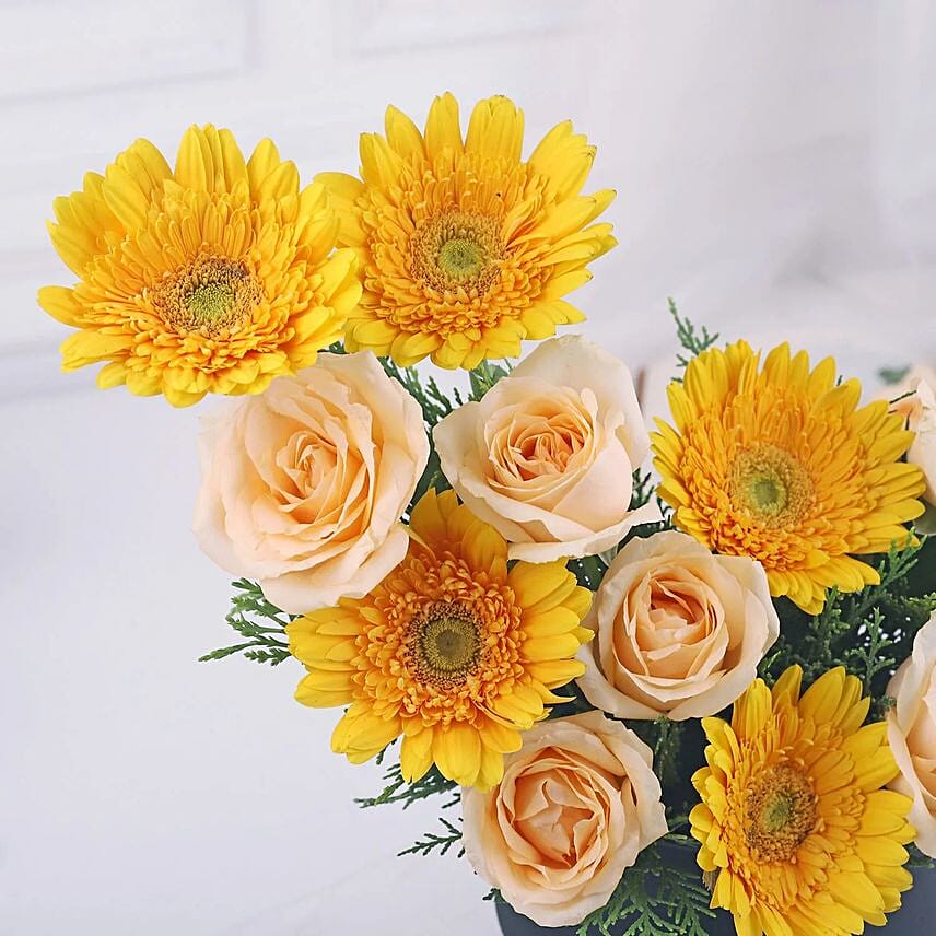Metallic Marvel of Roses and Gerberas