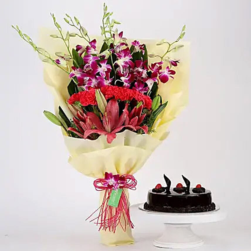 Pink and Purple Flowers and Truffle Cake Combo