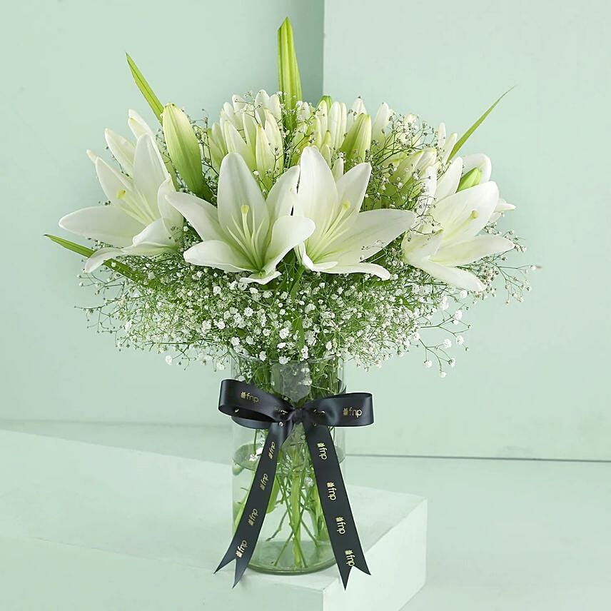 Blooming Asiatic Lilies In Black Ribbon Tied Vase: 