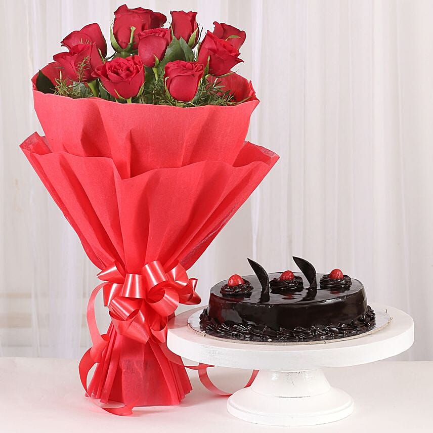 Eggless Chocolate Truffle Cake and Red Roses Bouquet: 
