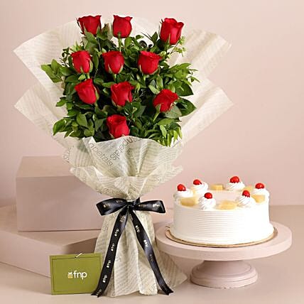 Elegant Vibe Red Roses Bouquet Pineapple Cake: Send Birthday Gifts to India