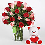 Red and Pink Roses With Teddy Bear