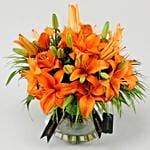 Blissful Orange Lilies In Fishbowl Vase