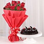 Eggless Chocolate Truffle Cake and Red Roses Bouquet