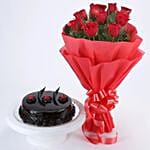 Eggless Chocolate Truffle Cake and Red Roses Bouquet
