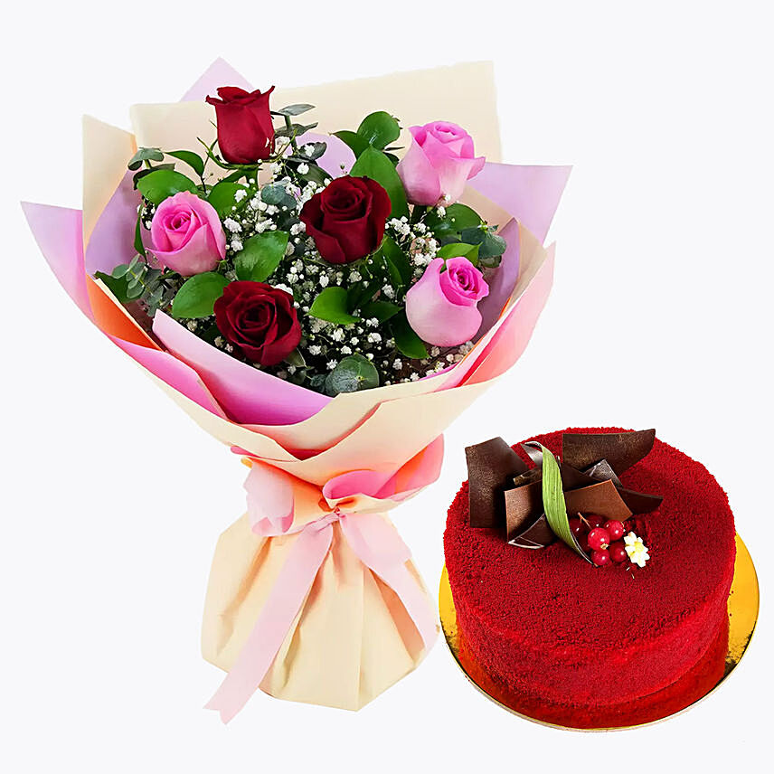 Pink And Red Roses With Red Velvet Cake