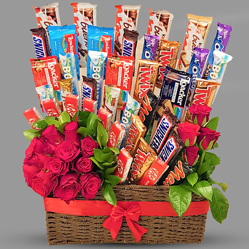 Assorted Chocolates And Roses Gift Basket