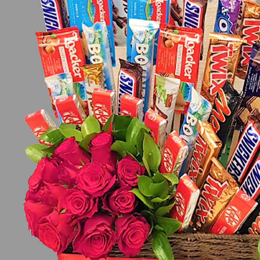 Assorted Chocolates And Roses Gift Basket