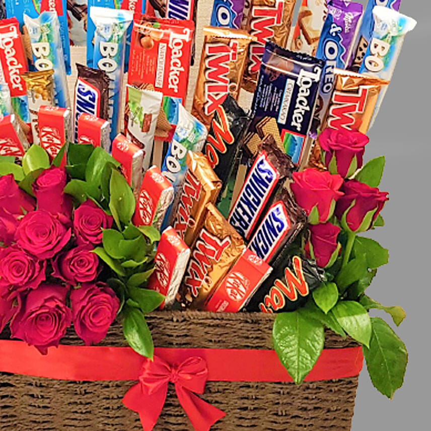 Assorted Chocolates And Roses Gift Basket