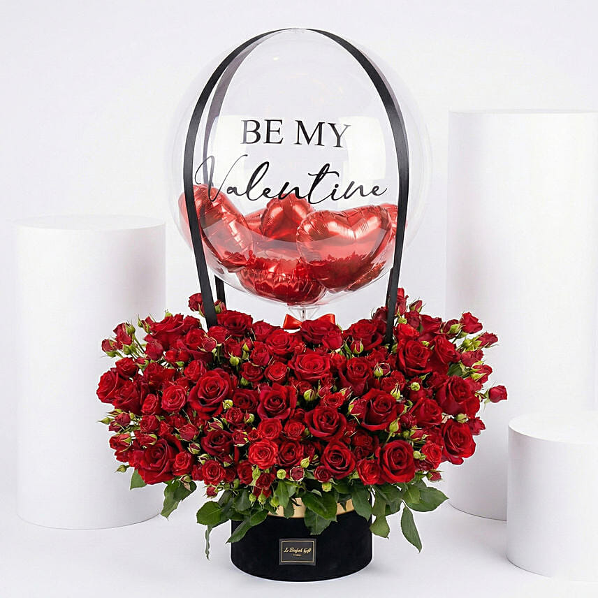 Black Box Balloon Arrangement with 150 Red Spray Roses