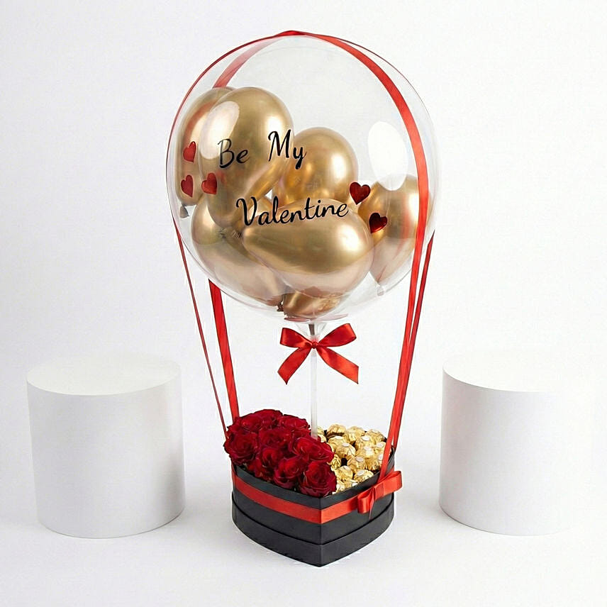 Black Heart Box with Balloon Red Roses and Chocolates