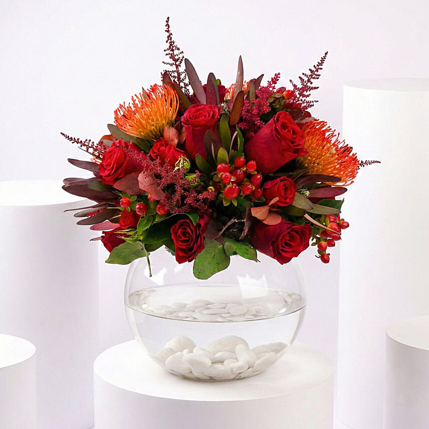 Red Roses Fish Bowl Floral Arrangement