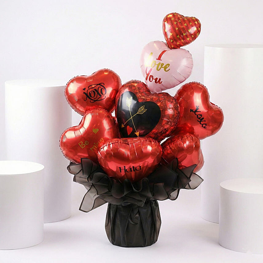 Six Heart Balloon Arrangement in Black Wrapping