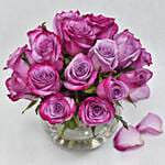 Purple Roses In Glass Bowl