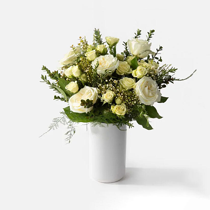 Serene White Rose & Spray Rose Vase Arrangement