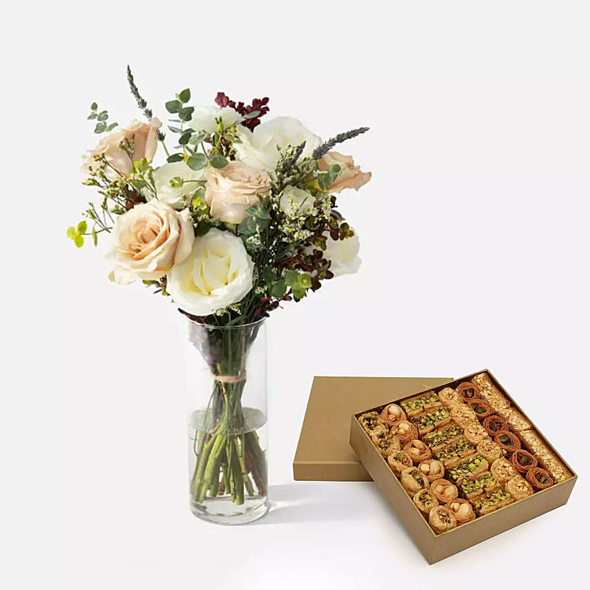 Flowers In Glass Vase With Baklawa Sweet 1 Kg