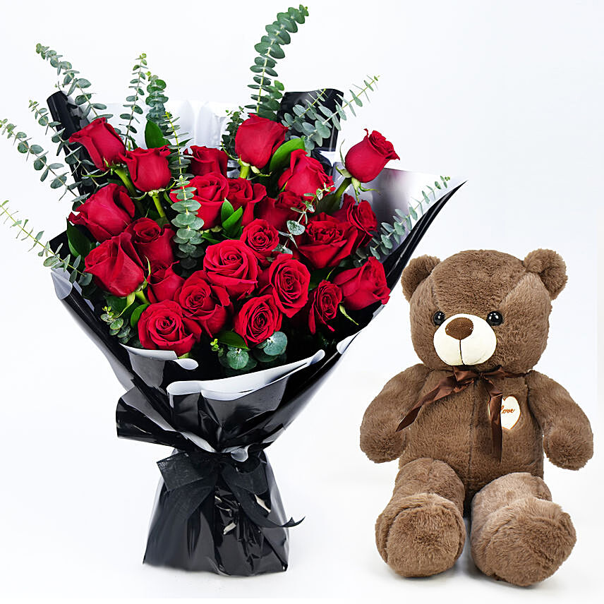 24 Roses Bouquet With Teddy