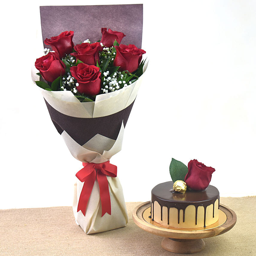 Half Kg Chocolate Delight Cake And 6 Red Roses Bouquet