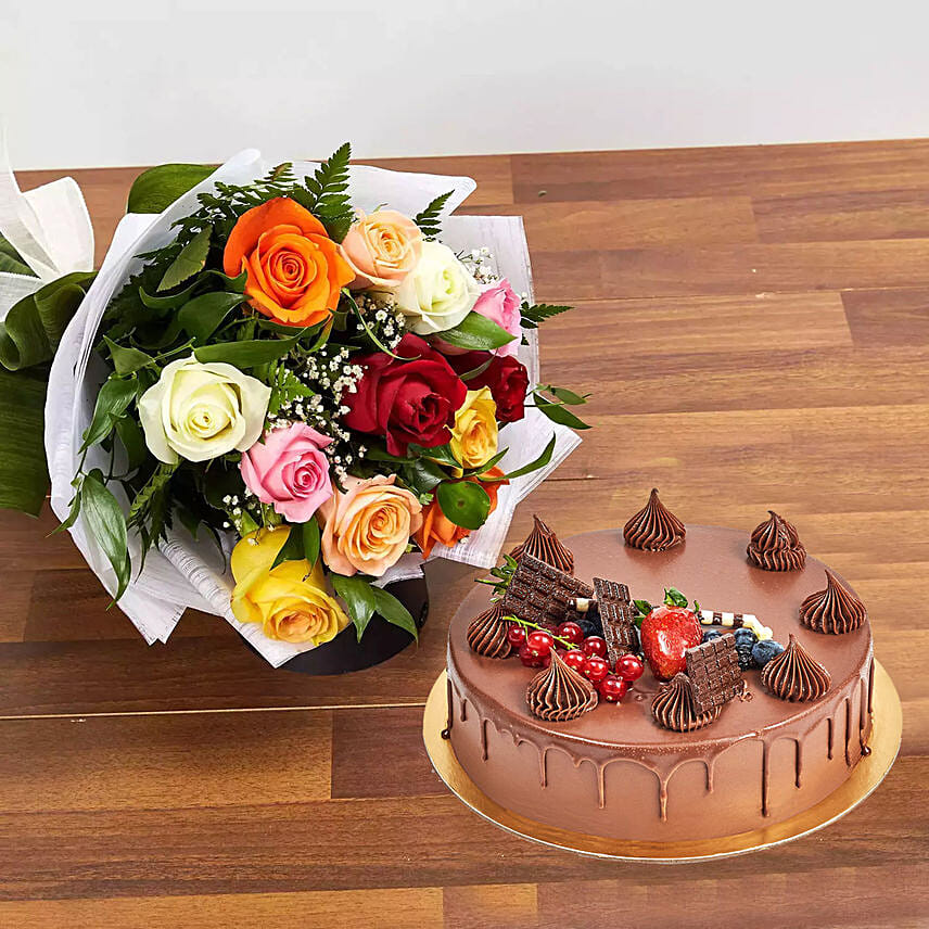 Dozen Multi Roses With Fudge Cake Dozen Multi Roses With Fudge Cake: