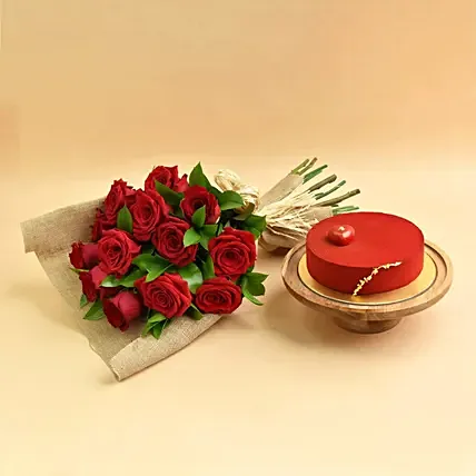 12 Valentines Red Roses Bouquet and Cake: 