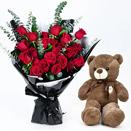 24 Roses Bouquet With Teddy: Send Anniversary Gifts to Kuwait