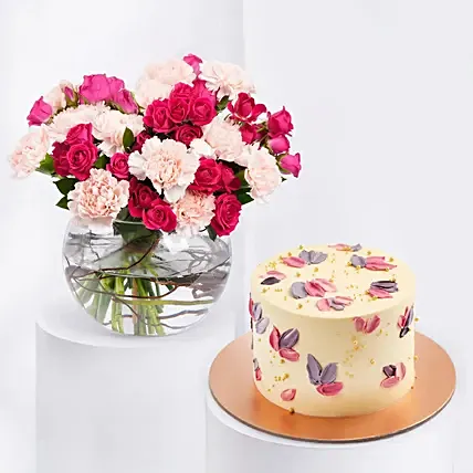 Mothers Day Flowers in Fish Bowl N Cake: Send Gift Combo to Kuwait