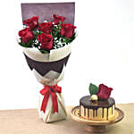 Half Kg Chocolate Delight Cake And 6 Red Roses Bouquet