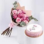 6 Purple and 6 Pink Roses Bouquet With Chocolate Cake