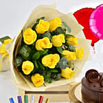 كومبو باقة ورد صفراء وكيك فدج وشموع وبالونات