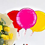 كومبو باقة ورد صفراء وكيك فدج وشموع وبالونات