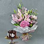 باقة ورد زنبق وهايدرينجيا مشكل زهر مع كيك شوكولاته