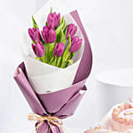 Purple Tulips In Bouquet With Bento Cake and Cup Cakes