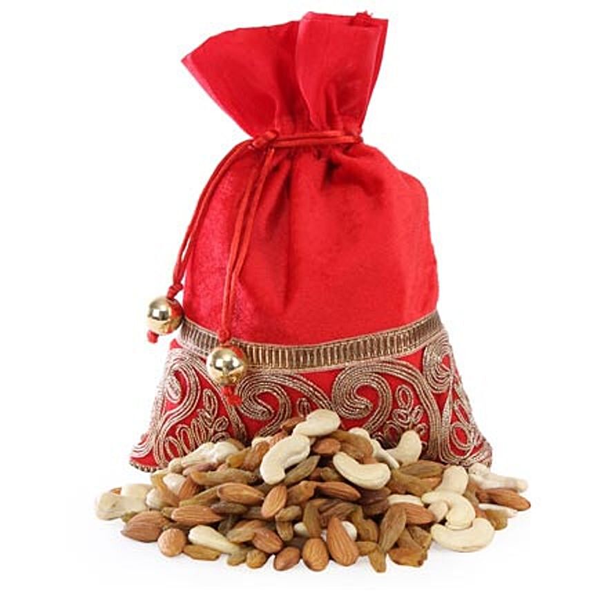 Red Potli Bag With Dry Fruits