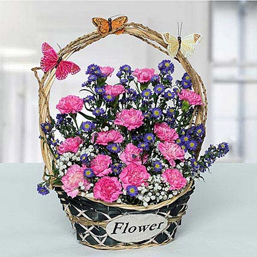 Deightful Carnations N Blue Aster Flower Basket