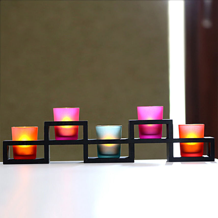 5 Candle Holders In Wooden Stand