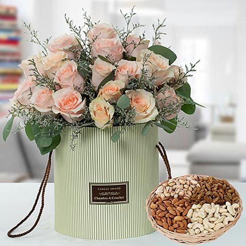 Pink Roses Box And Dry Fruits  Combo