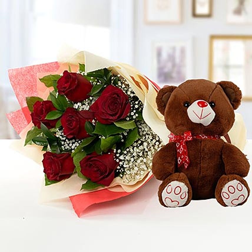 Red Roses and Brown Teddy Combo