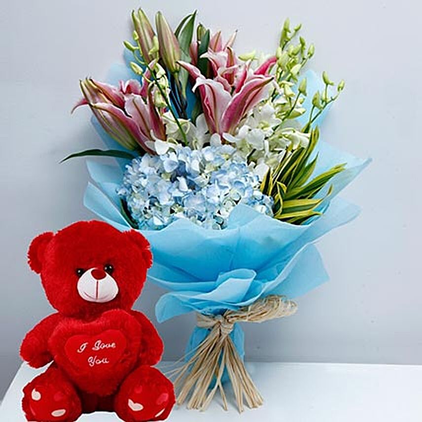 Mixed Flowers and Teddy Combo