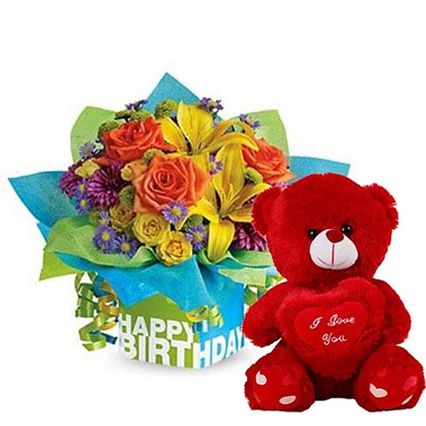 Colored Flowers Bouquet and Red Teddy Combo