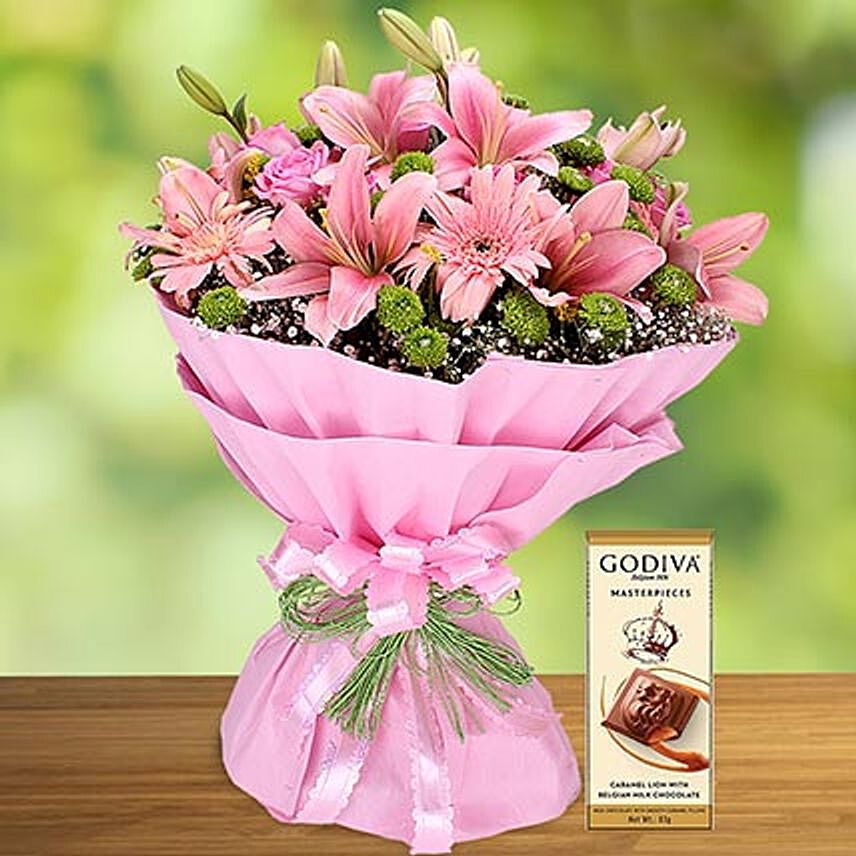 Pink Flowers Bouquet and Godiva Chocolate Combo