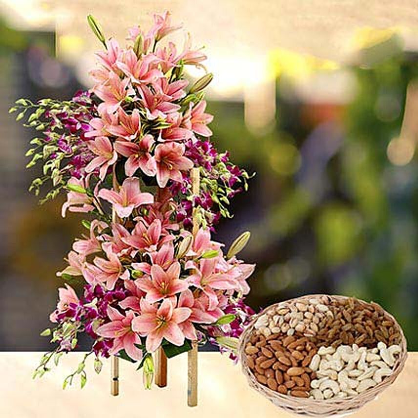 Exotic Flowers Arrangement and Dry Fruits Combo