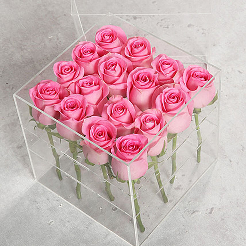 16 Light Pink Roses In Acrylic Base