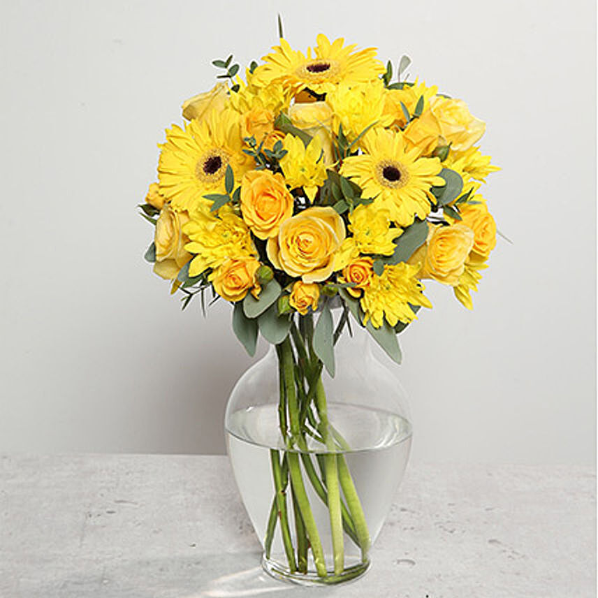 Yellow Gerberas and Roses Arrangement