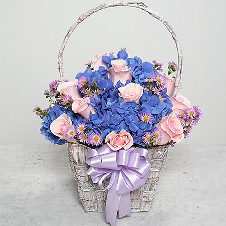 Roses and Hydrangea in Purple Bakset