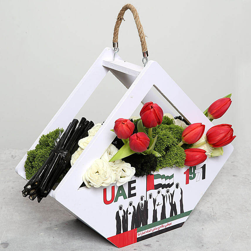 Red Tulips in Special UAE Day Wooden Base