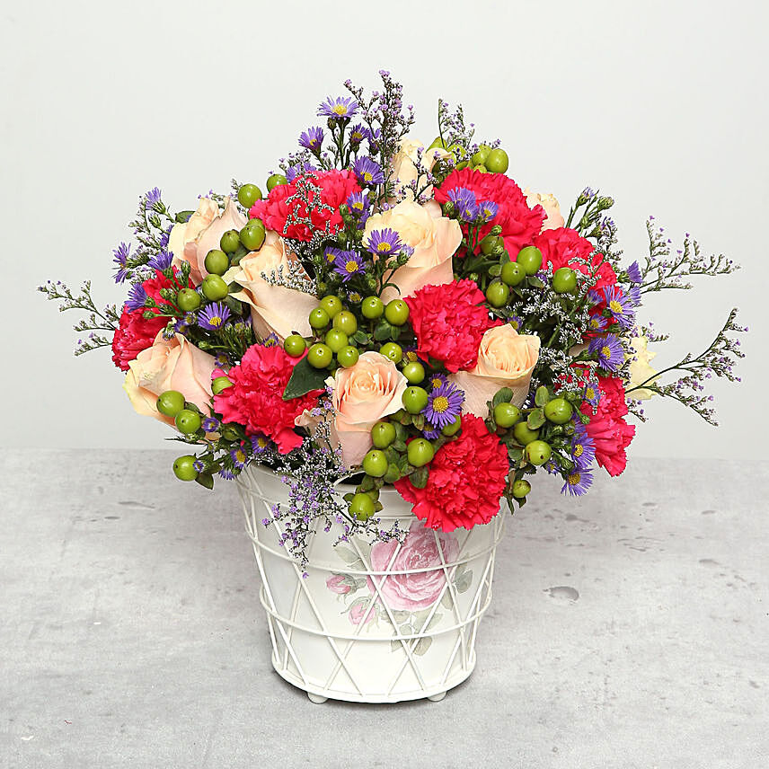 Peach Roses and Pink Carnations Flower Arrangement
