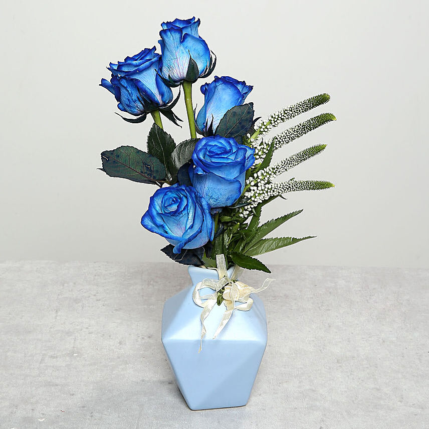 Beautiful Blue Roses in Ceramic Pot